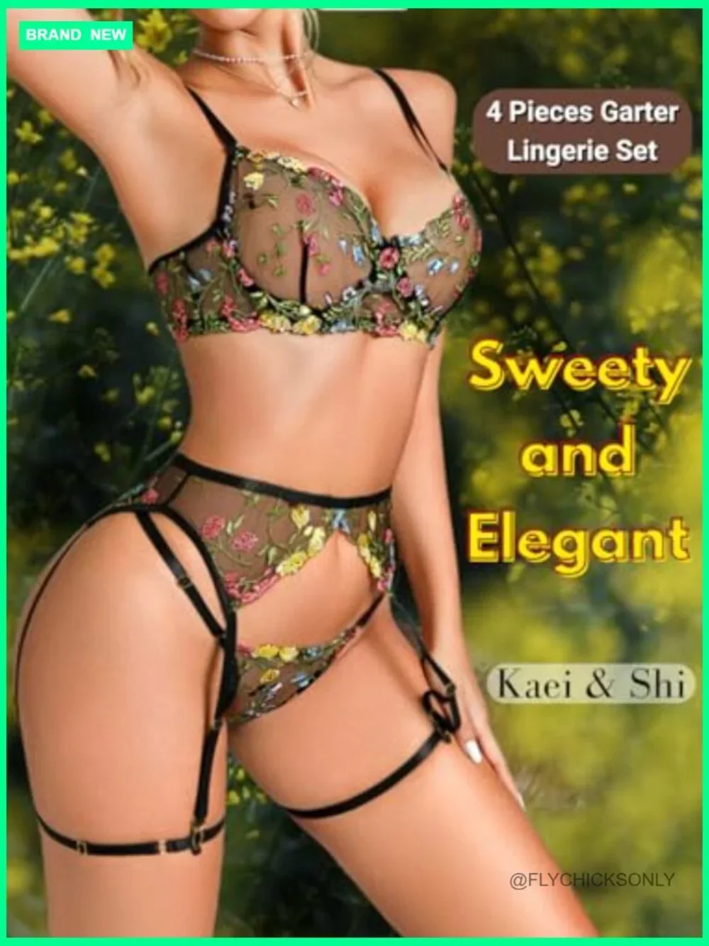 Vibrant Floral Embroidery Underwire Thong Garter Lingerie Set